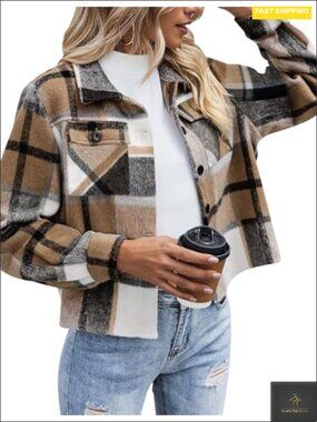 Cropped Plaid Flannel Shacket Jacket Button Down Shirt Fall Coat